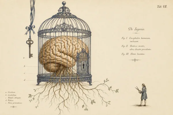 Anatomical etching of a human brain locked inside an ornate birdcage, its roots growing out through the bars